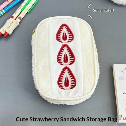 Cute Embroidered Strawberry Pencil Case Portable Stationery Pen Box Multi Functional Large Capacity Makeup Bag Storage Bag
