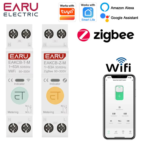 Tuya ZigBee WiFi Smart Circuit Breaker 1P+N 63A MCB Timer Relay Switch Energy Meter kWh Voltage Current Protector Remote Control