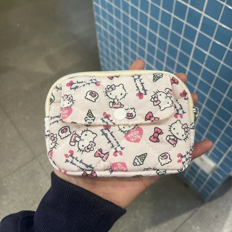 New Cute Sanrio Soft Cotton Embroidered Bow Zipper Women's Makeup Bag Cat Card Bag, Earphone Bag, Key Bag, CCD Storage Bag