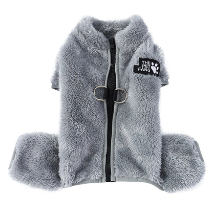 Soft Fleece Dog Clothes Winter Four Legs Covered  Plush Pet Coat D-Ring Zipper Puppy Jacket Autumn Overall For Small Middle Dog