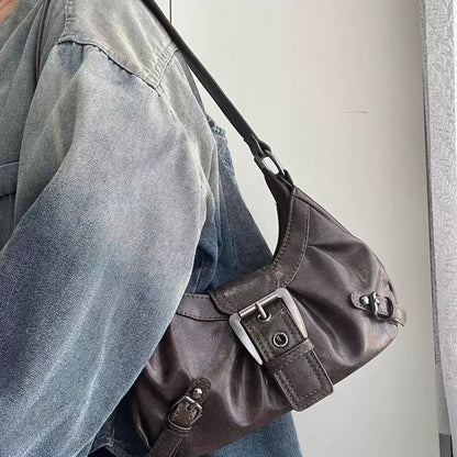 Shoulder Bags Y2K Retro Style Shoulder Bag, Maillard Pleated Rivet Armpit Bag, Fashionable Ladies Cool Leather Shoulder Bag