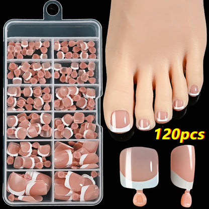 120Pcs 9-Colors French Fake Toenails Summer Short Sqaure Press On Toe Nails Tips Glossy Nude/Pink/Brown Full Cover False Toenail