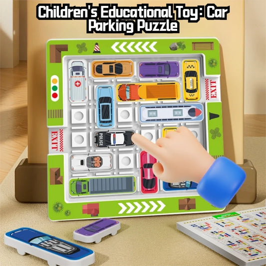 Children's educational puzzle game for logical thinking and concentration, parking lot with moving vehicles and maze toys