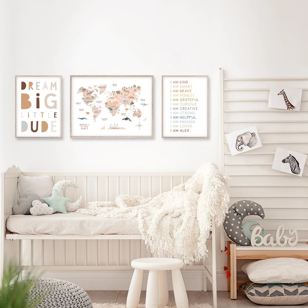World Map Canvas Painting Pastel Animal Theme Educational Wall Art Nordic Posters and Prints Pictures for Kids Room Decoration