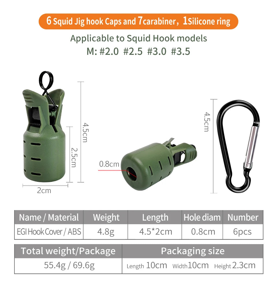 New Squid Jig Bait Protector Kit Size M 6pcs Webfoot Octopus Egi Hooks Cover Cuttlefish Umbrella Lure Cap with Carabiner