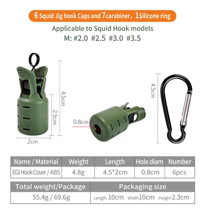 New Squid Jig Bait Protector Kit Size M 6pcs Webfoot Octopus Egi Hooks Cover Cuttlefish Umbrella Lure Cap with Carabiner