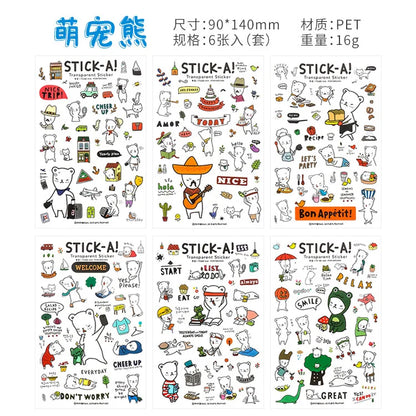 6Pieces/Set Transparent Pvc Waterproof Cartoon Sticker DIY Hand Account Decorative Stickers Kawaii Phone Cup Stickers