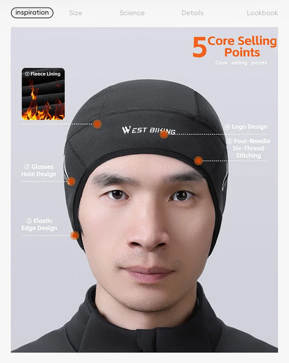 WEST BIKING Winter Fleece Cycling Cap Windproof Thermal Skull Cap Helmet Liner Running Skiing Motocycle Riding Men MTB Bike Hat