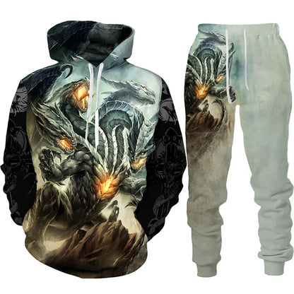 Retro Dragon Tattoo Tracksuit Set – 3D Print Hoodie & Pants, Casual Oversized 2-Piece Sweatshirt Outfit for Men & Women