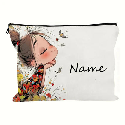 Custom Name Vintage Cute Girl Pattern Makeup Bag Handbag Toiletry Bag Pencil Case Holiday Gift Cosmetic Bag