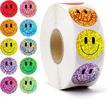 500 Pcs Smile Face Stickers Roll Laser Colorful Happy Face Sticker for Classroom Back to School Birthday Teacher Reward,1inch