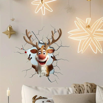 3D Reindeer Break-Through Wall Decal, Vinyl Christmas Wall Stickers, Removable Holiday Decor for Home and Living Spaces