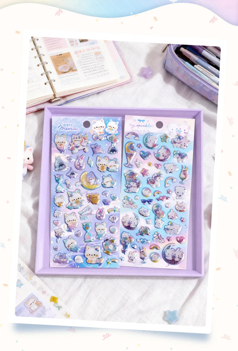 3 pcs/6 pcs Sweet Candy Pets Cat Coffee Cakes Flash Puffy 3D Stickers Scrapbooking Diy Diary Stationery Stickers School Supplies