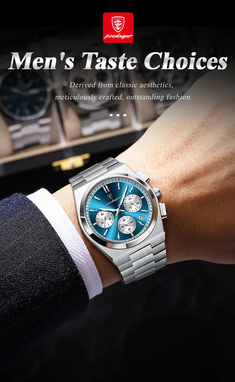 POEDAGAR Fashion Man Watches Chronograph Date Stainless Steel Casual Men Wristwatch Waterproof Luminous Men's Quartz Watch Reloj