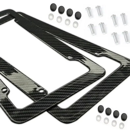 Black Carbon Fiber Pattern Plastic License Plate Frame Fiber Black Aluminum Metal Car Tag Holder Tire Screw Cap Universal Amagi