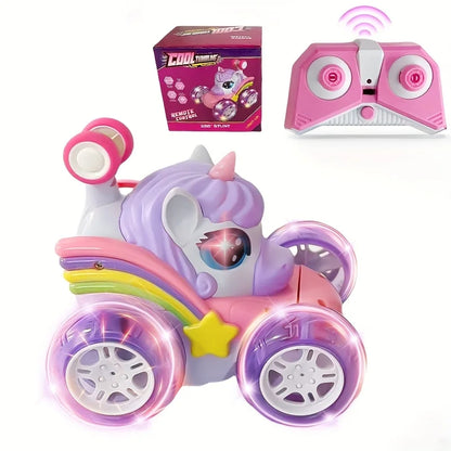 2.4G Lighting unicorn Remote Control Stunt Dump Truck Chase Light Twist Change Car Drift Dancing Toy Car, Children's New Year Bi