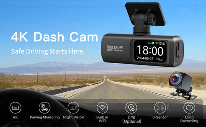 Soam Dash Cam 4K+1080P Dual-channel Dash Car Camera Recorder With GPS WiFi Car DVR 24H Parking Monitor Black Box