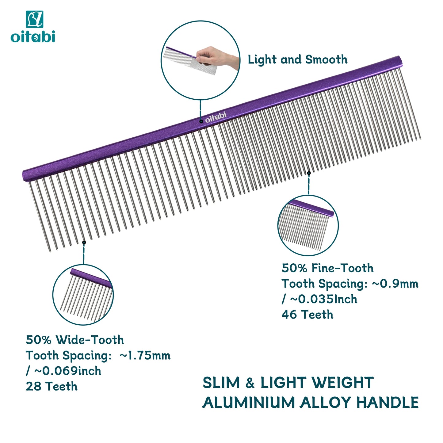 Oitabi Pet Comb Stainless Steel Long Teeth Comb for Dogs & Cats Pet Hair Comb for Home Grooming Kit Removes Knots Mats & Tangles