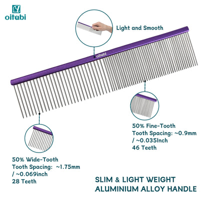 Oitabi Pet Comb Stainless Steel Long Teeth Comb for Dogs & Cats Pet Hair Comb for Home Grooming Kit Removes Knots Mats & Tangles