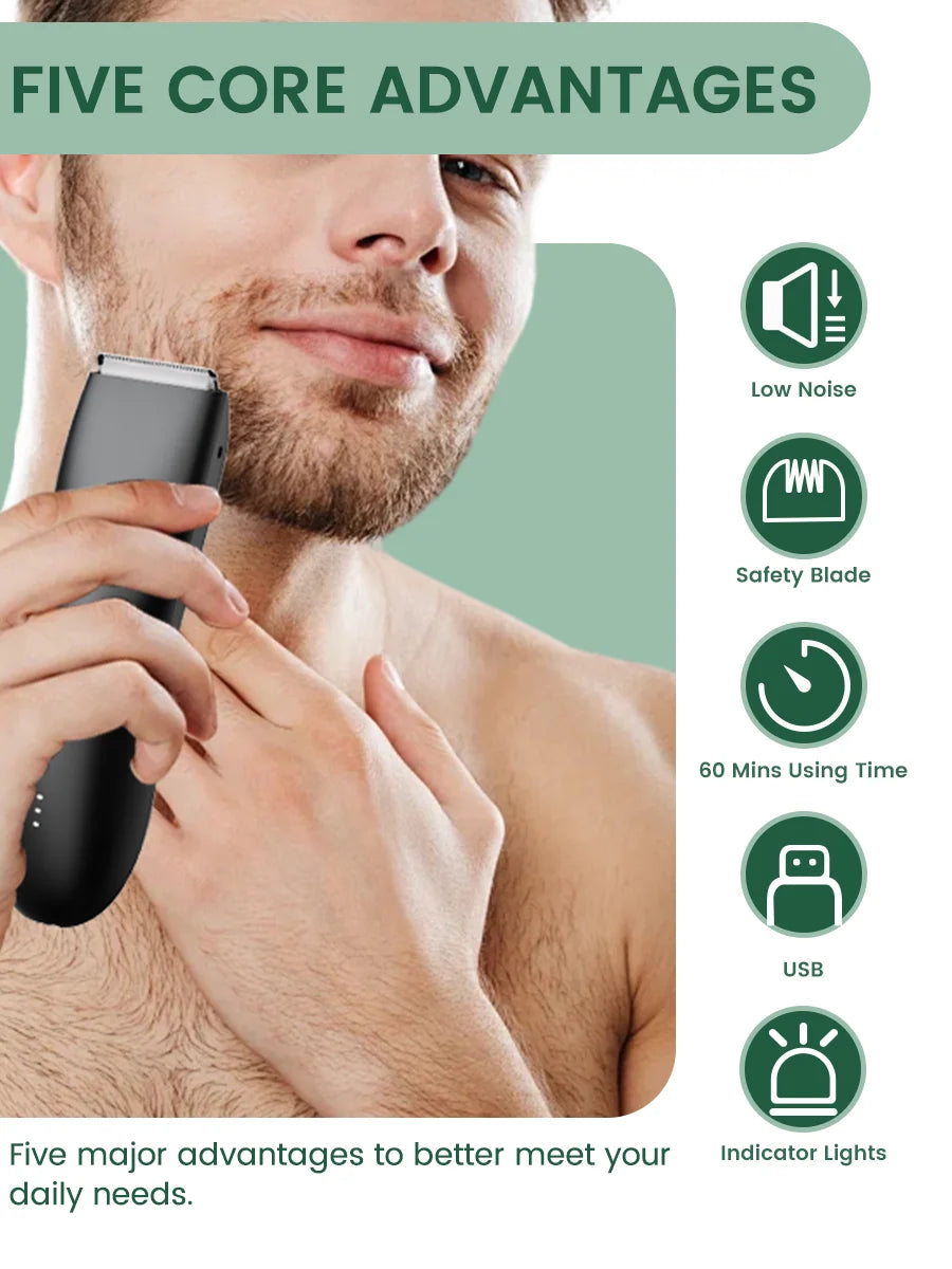 Men's Electric Groin & Body Shaver - Waterproof Dual Head Trimmer Kit w/ LED Light & Foil Blades