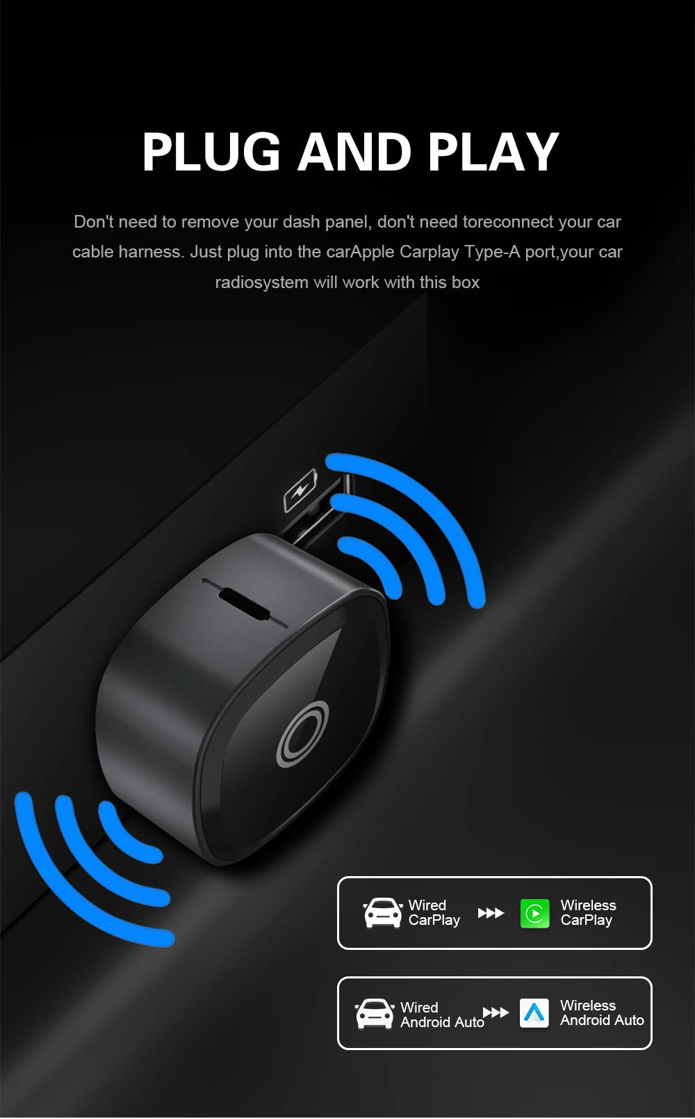 XUDA 2in1 Wireless CarPlay Adapter Android Auto AI Smart Box Car Intelligent Systems For VW Toyota Nissan Honda Ford Benz