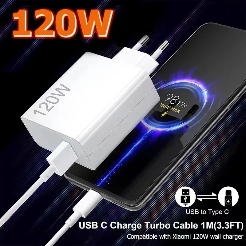 120W Super Fast Charger Turbo Hyper Charge Adapter for Mi 15/14/13/11T Ultra Pro Redmi 12C Note 11-14 POCO F6/F7/X7 Pro