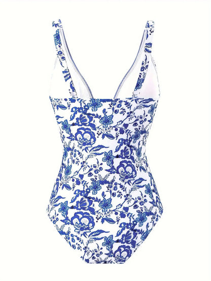Blue One-Shoulder Ruffled Print Floral Swimsuit Set Cover Up Single Piece Micro Monokini Sexy Swimwear For Girls Summer Beach