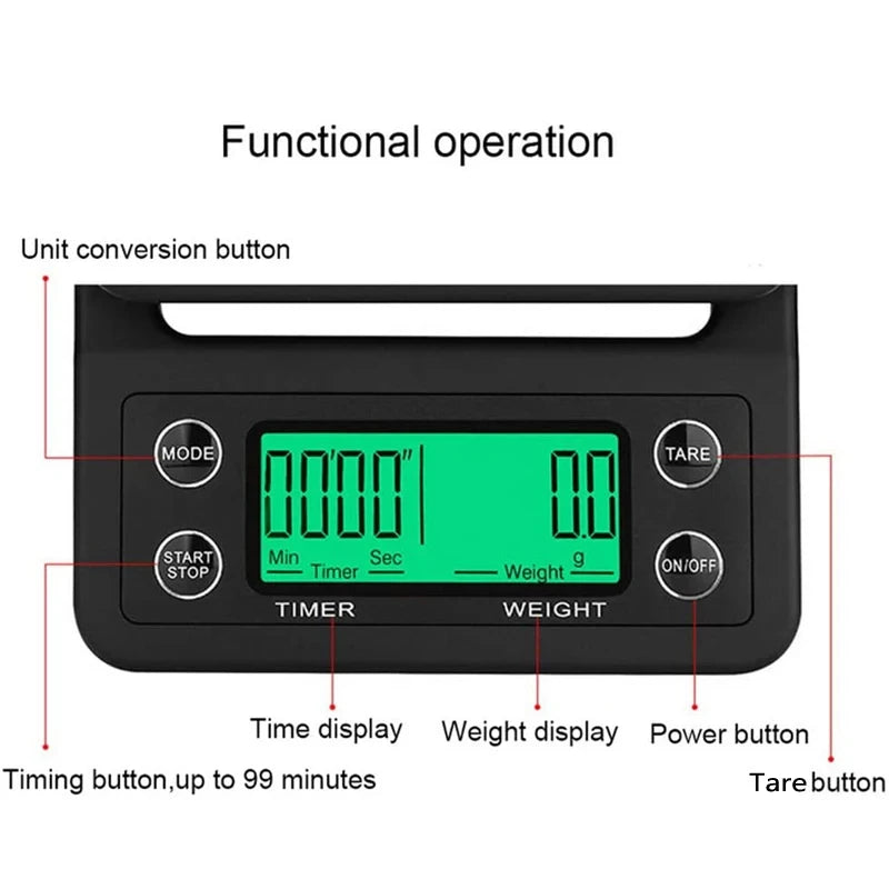 Portable Electronic Digital Kitchen Scale Coffee Brewing Timer High Precision 5kg 0.1g LCD Display Food Drip Scales