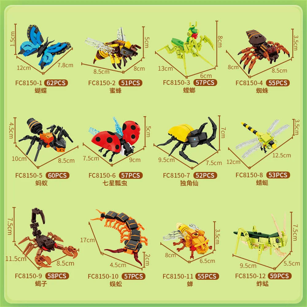 City Farm Vegetable Garden Cute Animals Insect Dragonfly Spider Mantis Centipede Grasshopper Honeybee Building Block Bricks Toy