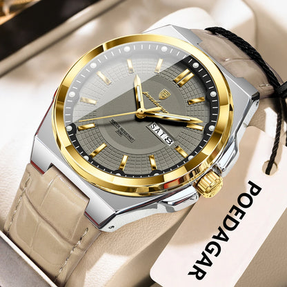 POEDAGAR Fashion Brand Man Wristwatch Waterproof Luminous Date Week Quartz Luxury Men's Watches Leather Business Men Watch Reloj