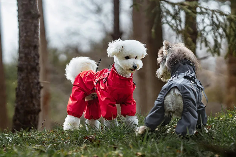 Dog Raincoat with Harness Waterproof Pet Rain Jacket for Small Dogs Adjustable Reflective Dog Rain Overalls with 4 Legs
