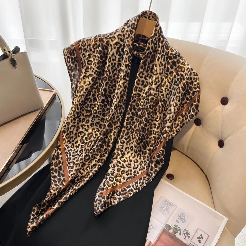 90cm Leopard Print Satin-Finish Scarf - Lightweight Simulated Silk Square for Women Spring Summer Versatile Chic