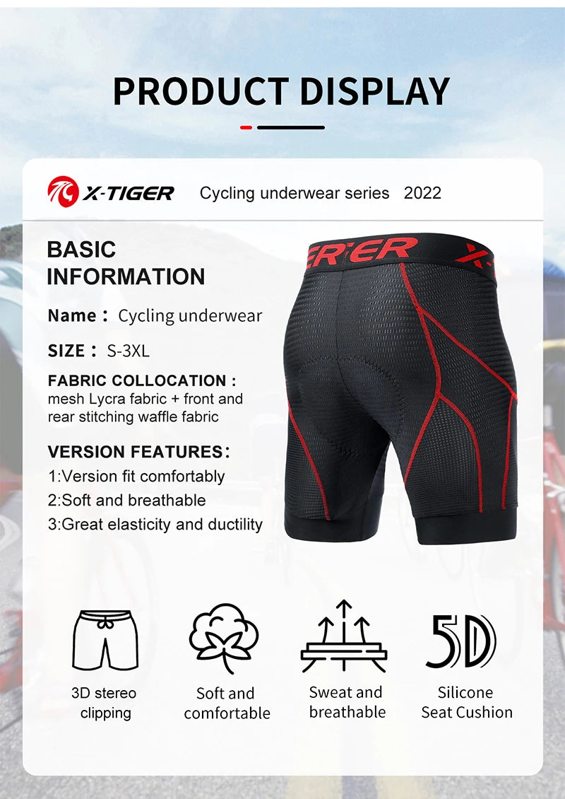 X-TIGER Men's Cycling Underwear Shorts 5D Padded Sports Riding Bike Bicycle MTB Liner Shorts with Anti-Slip Leg Grips