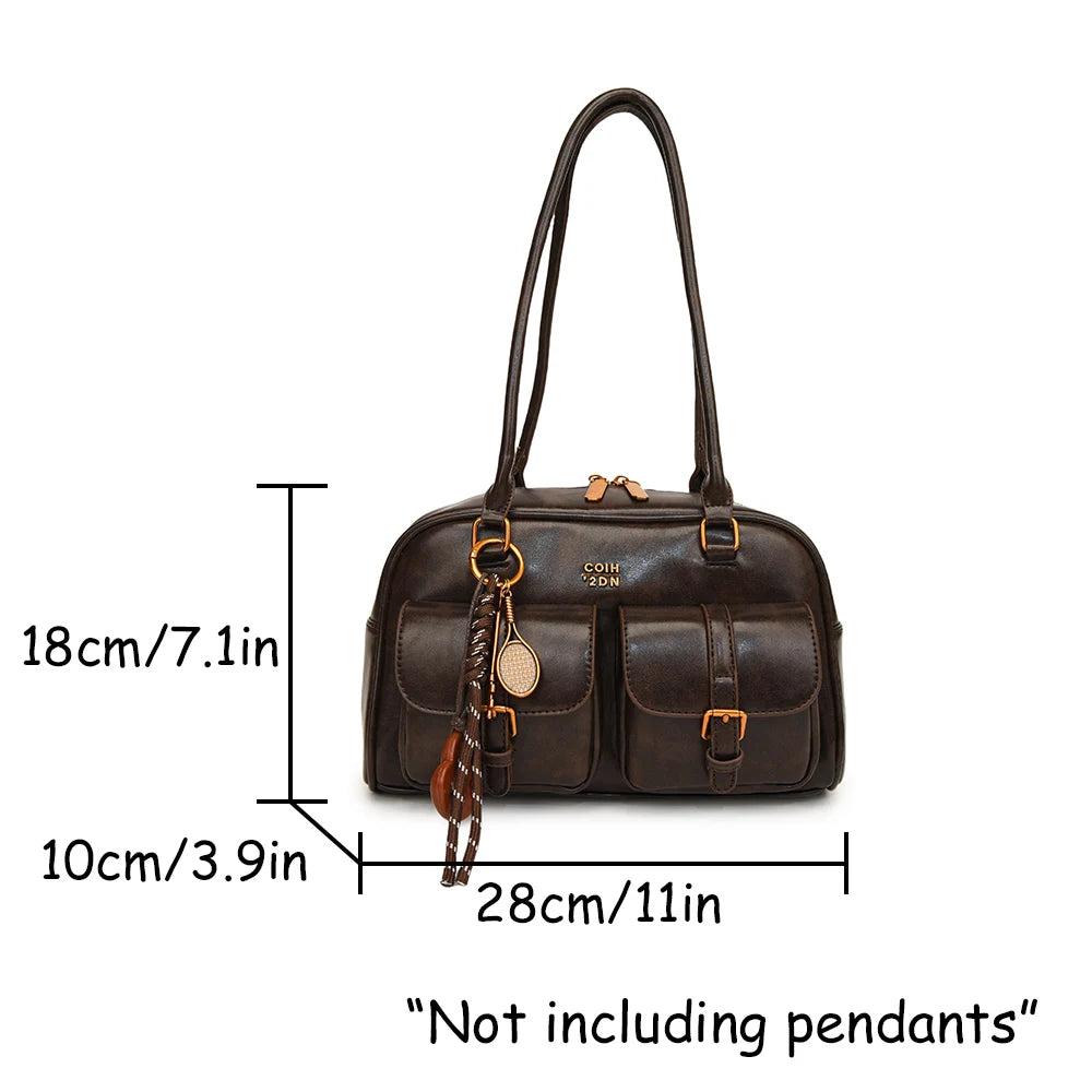 Women's Retro Solid Color Pu Leather Shoulder Bag with Multiple Pockets, Large Capacity, Exquisite and Fashionable Handbag