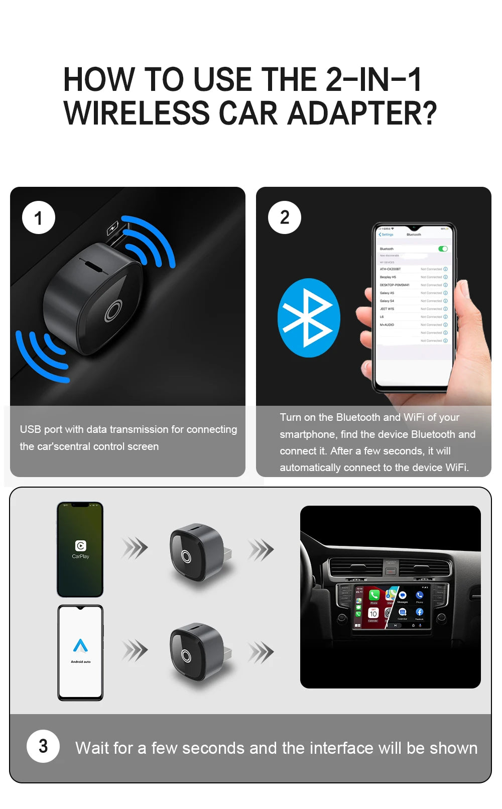 XUDA 2in1 Wireless CarPlay Adapter Android Auto AI Smart Box Car Intelligent Systems For VW Toyota Nissan Honda Ford Benz