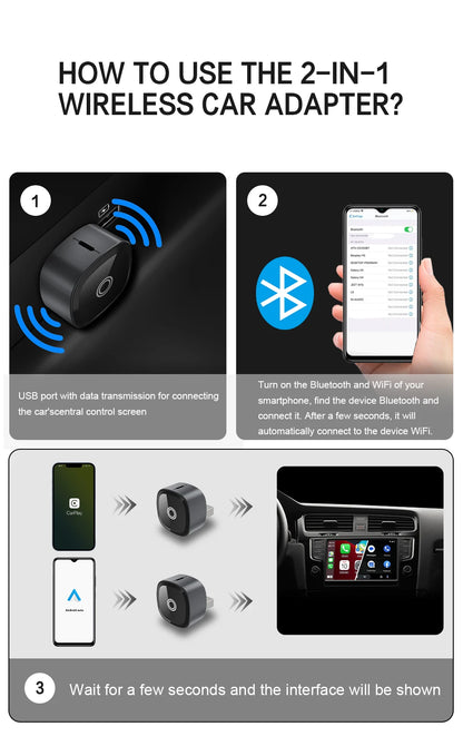 XUDA 2in1 Wireless CarPlay Adapter Android Auto AI Smart Box Car Intelligent Systems For VW Toyota Nissan Honda Ford Benz