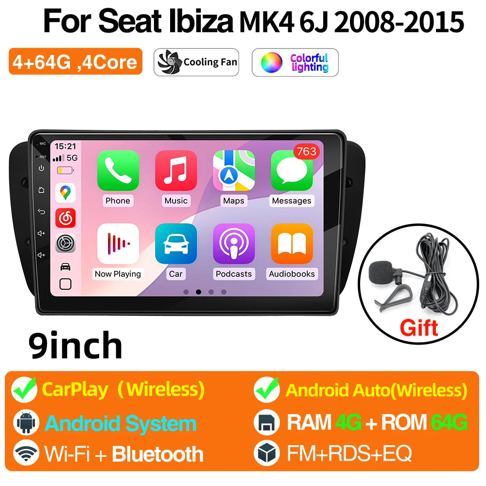 Android Car Radio for Seat Ibiza MK4 6J 2008-2015 Multimedia Player CarPlay Android Auto GPS Bluetooth WIFI Car Head Unit 9inch