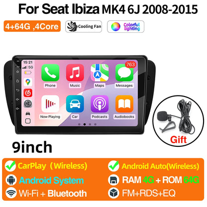 Android Car Radio for Seat Ibiza MK4 6J 2008-2015 Multimedia Player CarPlay Android Auto GPS Bluetooth WIFI Car Head Unit 9inch