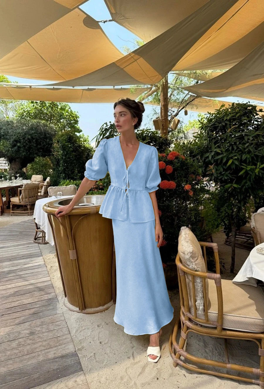 Bornladies 2025 Summer Women's 100% Cotton V-Neck Lace-Up Bubble Sleeve Shirt  Long Skirt Set Loose Casual Two-Piece Suit