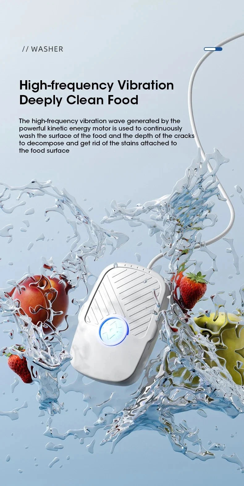 Portable Ultrasonic Vegetable and Fruit Cleaner IPX7 Waterproof Multifunctional Food Washer for Home Kitchen Use