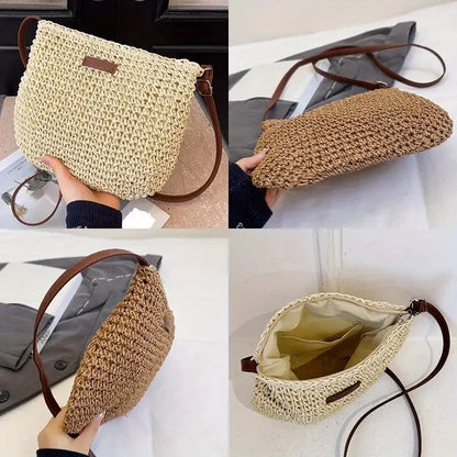 Straw woven bag, single shoulder, women's fashionable weaving, ins style, seaside beach, crossbody bag for women