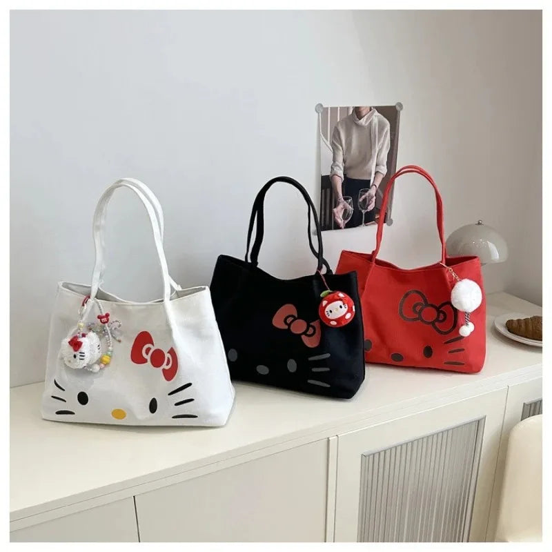 Cute Canvas Bag Hello Kitty Women's Canvas Handbag - Large Cute Cartoon Shoulder Bag Fashion Multi functional Commuter Handbag