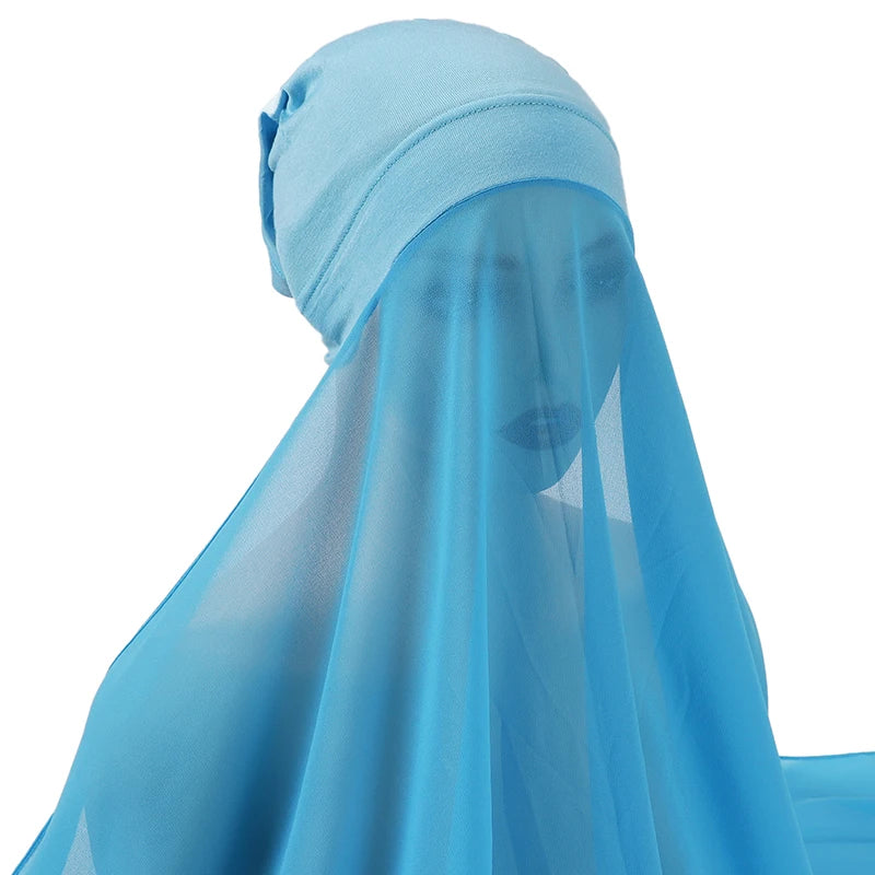 Muslim Women Bonnet + Chiffon Shawl Instant Under scarf Cap Islam Inner Scarf Headband Stretch Hijab Cover Headwrap Turbante