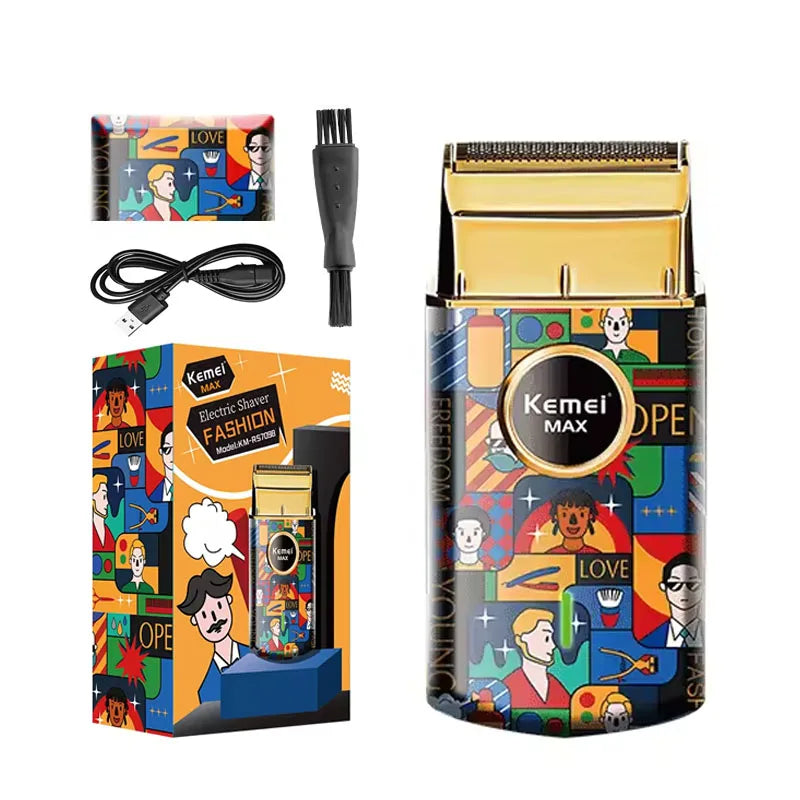 Kemei KM-RS7098 Rechargeable Electric Shaver Portable Single Blade Beard Trimmer Fashion Random Graffiti Shaving Machine