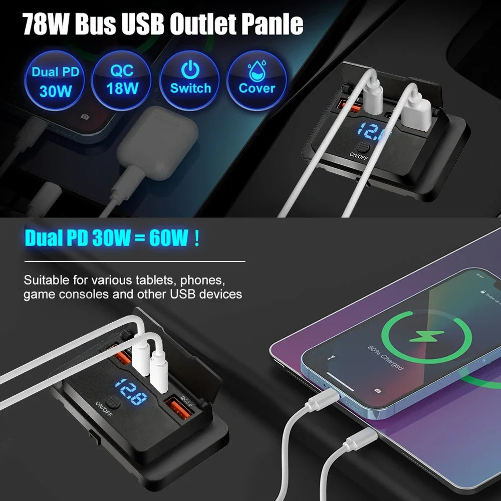 Car Charger Socket Adapter with Switch, 2-4-Ports Charging Splitter, Outlet for Bus, RV, ATV,Truck,Boat,Outlet,12V,24V, PD,QC3.0
