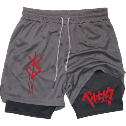 Anime Berserk Performance Shorts Men 2-in- Running Compression Shorts Training Yoga Gym Sportswear Workout Shorts with Pockets