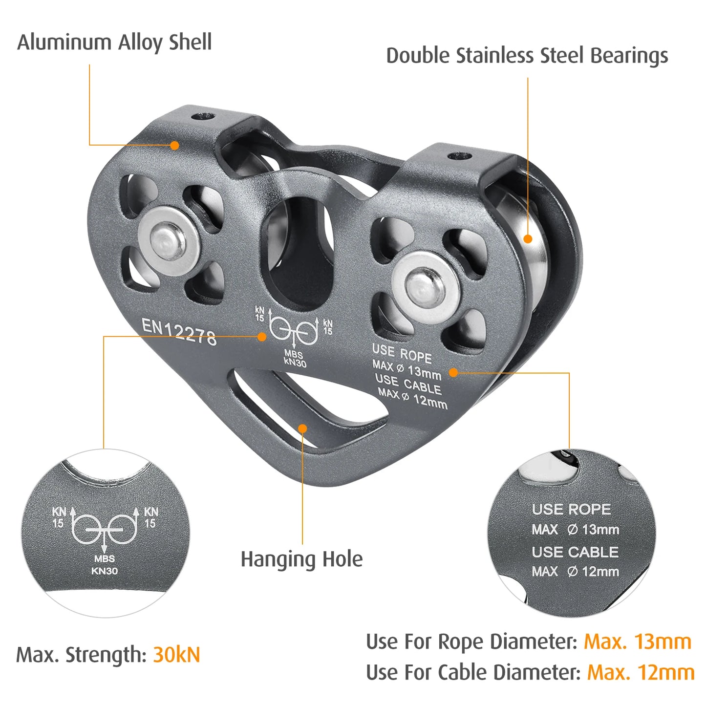 Lixada 30kN Cable Trolley Pulley with Ball Bearing Climbing Caving Aloft Work Rescue