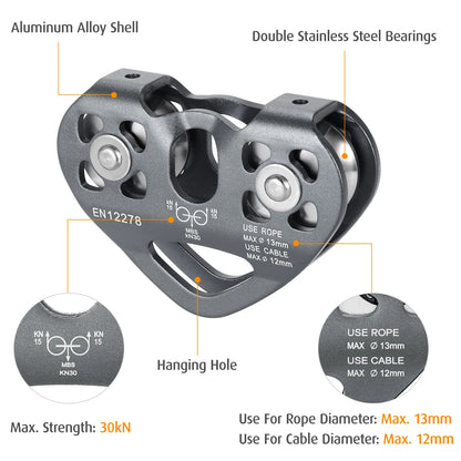 Lixada 30kN Cable Trolley Pulley with Ball Bearing Climbing Caving Aloft Work Rescue