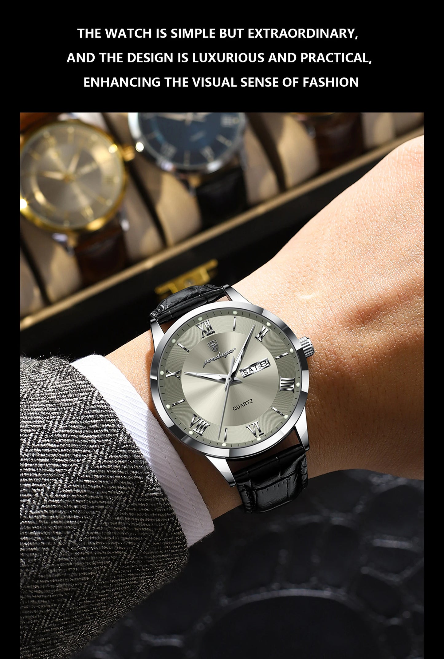 POEDAGAR Business Brand Men Clock Waterproof Luminous Date Week Fashion Man Wristwatch Leather Luxury Men's Quartz Watches Reloj
