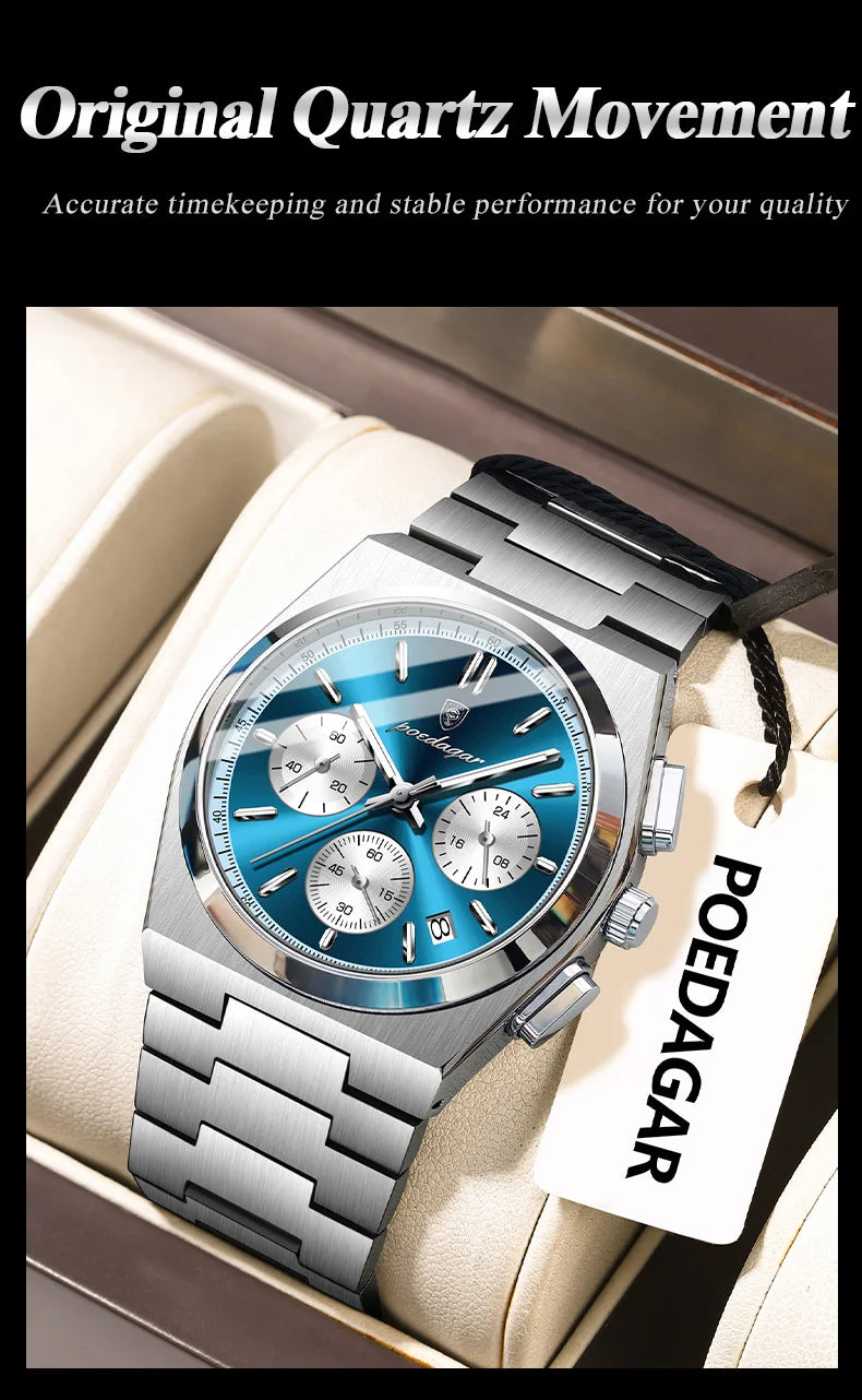 POEDAGAR Fashion Man Watches Chronograph Date Stainless Steel Casual Men Wristwatch Waterproof Luminous Men's Quartz Watch Reloj